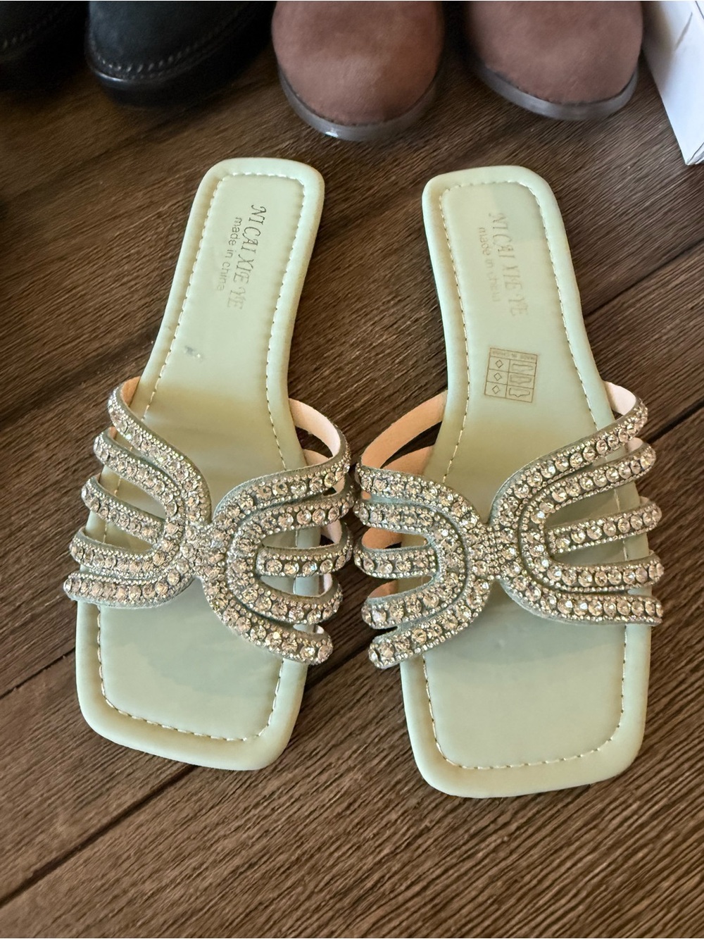 Crystal-Embellished Mint Slide Sandal